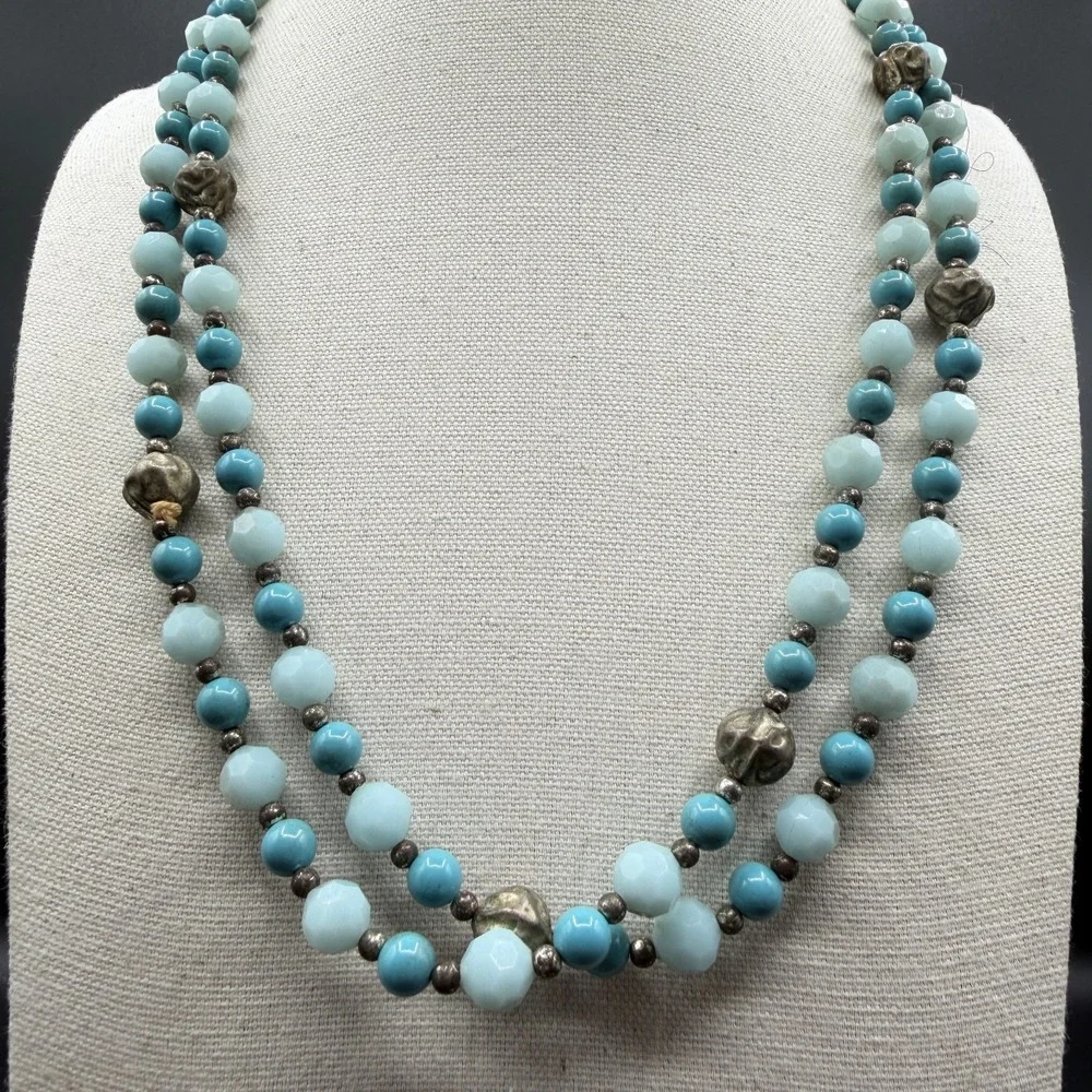 Turquoise & Silver Tone Blue Beaded Double Strand Necklace Faceted Boho Jewelry